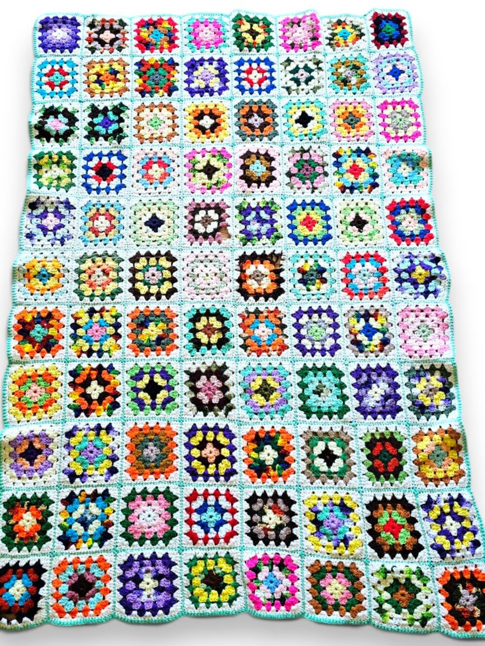 Vintage Handmade Granny Square Crochet Afghan Blanket White Multicolor *FLAWS